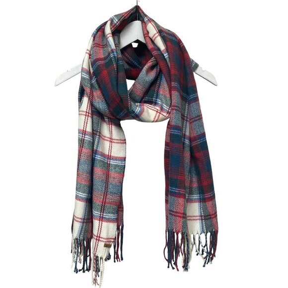 EDDIE BAUER Plaid Blanket Scarf Large Oblong Red Blue Preppy Acrylic 80" long - Picture 8 of 8